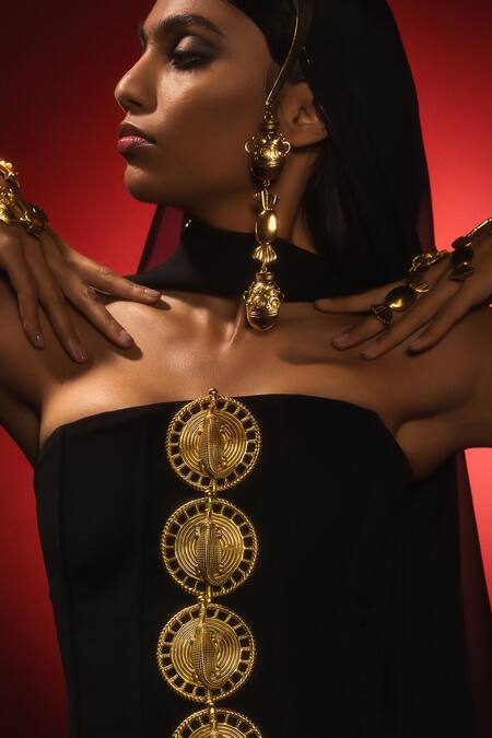 Shop_Masaba_Black Crepe Gota Patti, Zari Round The Ghana Gator Embellished Corset Skirt Set _Online_at_Aza_Fashions