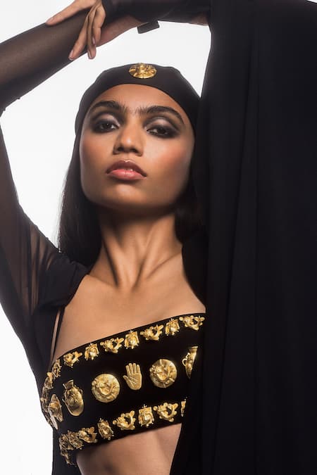 Masaba The Midnight Embroidered Pre-Draped Saree Set With Mesh Bolero 