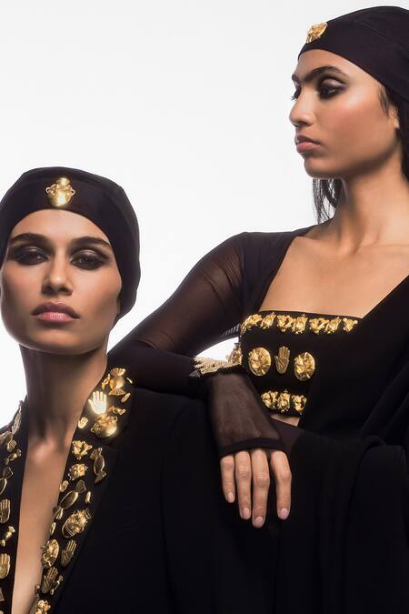 Masaba_Black Net Embroidery, Zari The Midnight Pre-draped Saree Set With Mesh Bolero _Online_at_Aza_Fashions