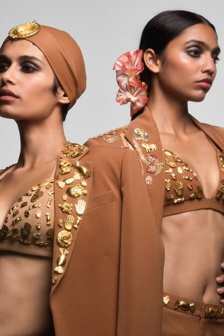 Masaba_Brown Crepe Embroidery The Trophy Embellished Blazer _Online_at_Aza_Fashions