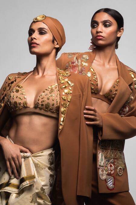 Buy_Masaba_Brown Crepe Embroidery The Trophy Embellished Blazer _Online_at_Aza_Fashions