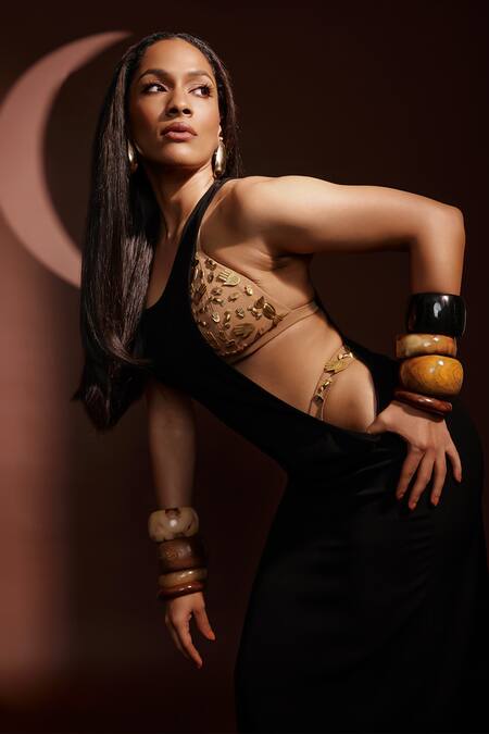 Masaba Black Crepe Embroidery, The Idgaf Dress Set With Mascot Embellished Bralette Online at Aza Fashions Masaba_Black Crepe Embroidery, The Idgaf Dress Set With Mascot Embellished Bralette _Online_at_Aza_Fashions