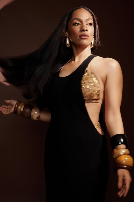 Shop Masaba Black Crepe Embroidery, The Idgaf Dress Set With Mascot Embellished Bralette Online at Aza Fashions Shop_Masaba_Black Crepe Embroidery, The Idgaf Dress Set With Mascot Embellished Bralette _Online_at_Aza_Fashions