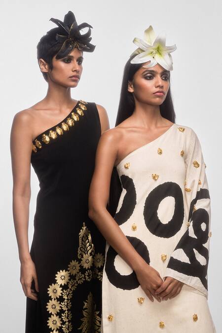 Masaba Ivory Cotton Embroidery Asymmetric The Tamil Print One Shoulder Tunic With Pant Online at Aza Fashions Masaba_Ivory Cotton Embroidery Asymmetric The Tamil Print One Shoulder Tunic With Pant _Online_at_Aza_Fashions