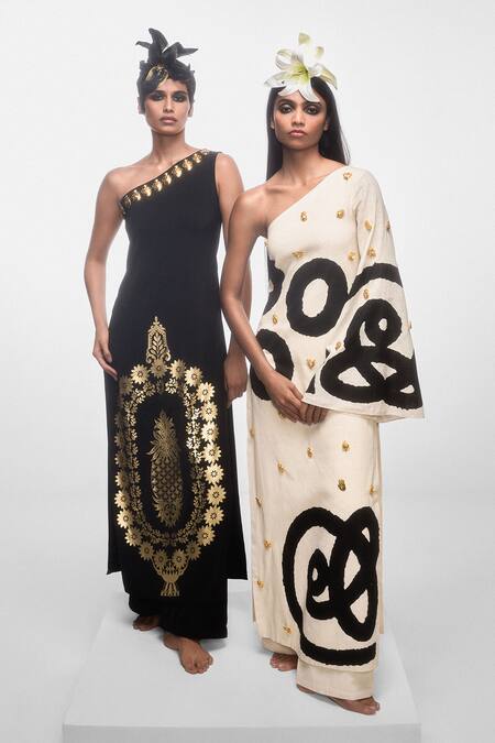 Shop Masaba Ivory Cotton Embroidery Asymmetric The Tamil Print One Shoulder Tunic With Pant Online at Aza Fashions Shop_Masaba_Ivory Cotton Embroidery Asymmetric The Tamil Print One Shoulder Tunic With Pant _Online_at_Aza_Fashions