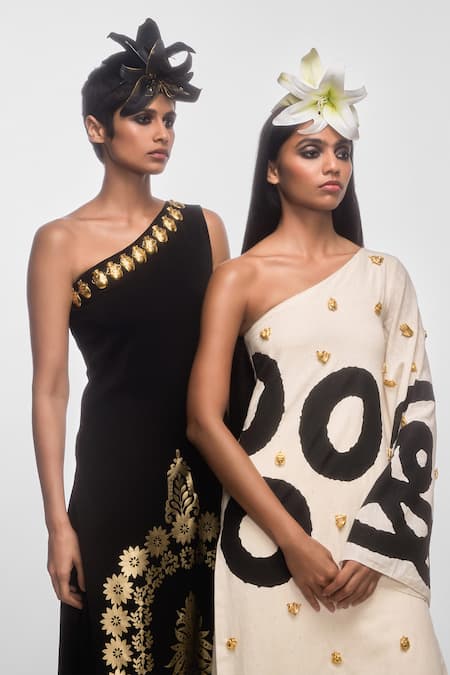 Masaba_Black Crepe Embroidery Asymmetric Ananas Print One Shoulder Tunic With Trouser _Online_at_Aza_Fashions