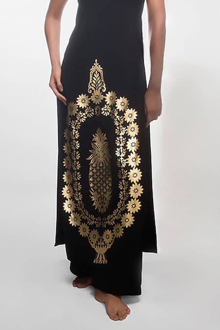 Buy_Masaba_Black Crepe Embroidery Asymmetric Ananas Print One Shoulder Tunic With Trouser _Online_at_Aza_Fashions