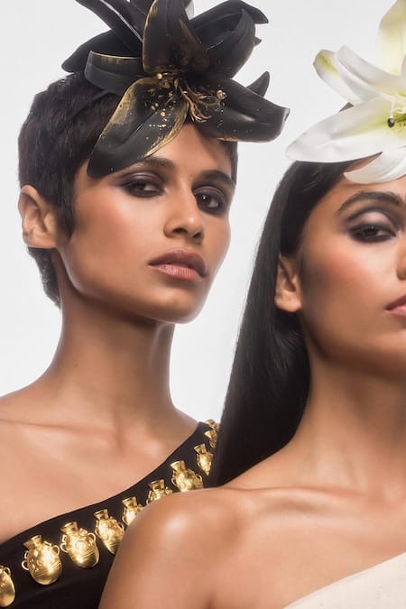 Shop_Masaba_Black Crepe Embroidery Asymmetric Ananas Print One Shoulder Tunic With Trouser _Online_at_Aza_Fashions