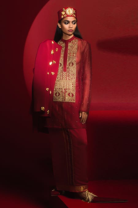 Masaba Red Jacket Heavy Crepe Hand Tinted Glass Mascot Embellished Jodhpuri Kurta Set