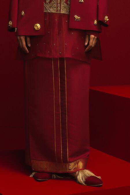 Masaba_Red Crepe, Organza, Tinted Glass Mascot Embellished Jodhpuri Jacket Kurta Set _Online_at_Aza_Fashions