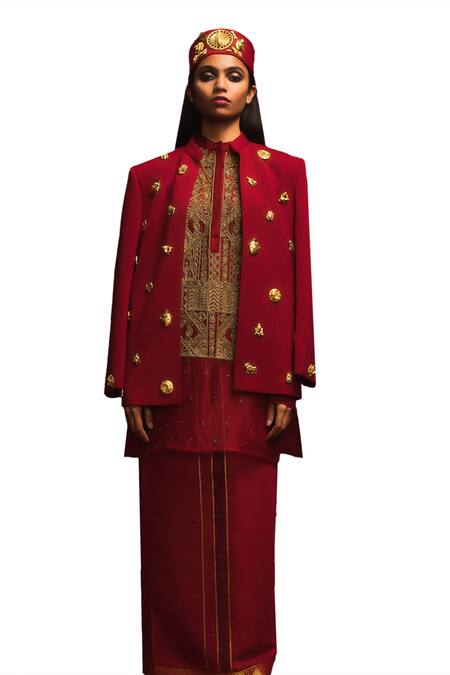 Buy_Masaba_Red Crepe, Organza, Tinted Glass Mascot Embellished Jodhpuri Jacket Kurta Set _Online_at_Aza_Fashions