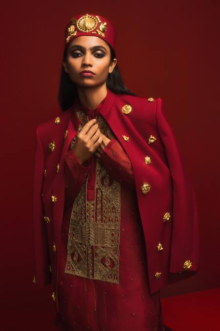 Shop_Masaba_Red Crepe, Organza, Tinted Glass Mascot Embellished Jodhpuri Jacket Kurta Set _Online_at_Aza_Fashions