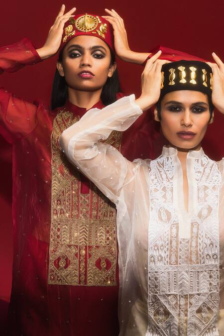 Buy_Masaba_Red Organza Embroidery Collared The Tinted Glass Hand Kurta _Online_at_Aza_Fashions