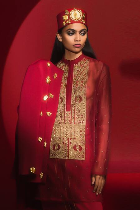Masaba_Red Organza Embroidery Collared The Tinted Glass Hand Kurta _at_Aza_Fashions