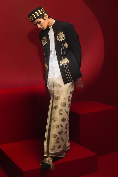 Masaba Black Crepe Embroidery Collared Hand Jacket Online at Aza Fashions Masaba_Black Crepe Embroidery Collared Hand Jacket _Online_at_Aza_Fashions