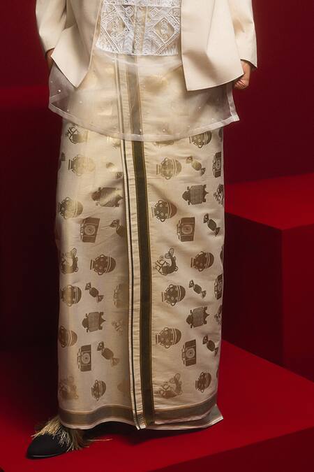 Masaba_Ivory Organza, Cotton Embroidery Mandarin Matsya Embellished Jacket And Veshti Set _Online_at_Aza_Fashions