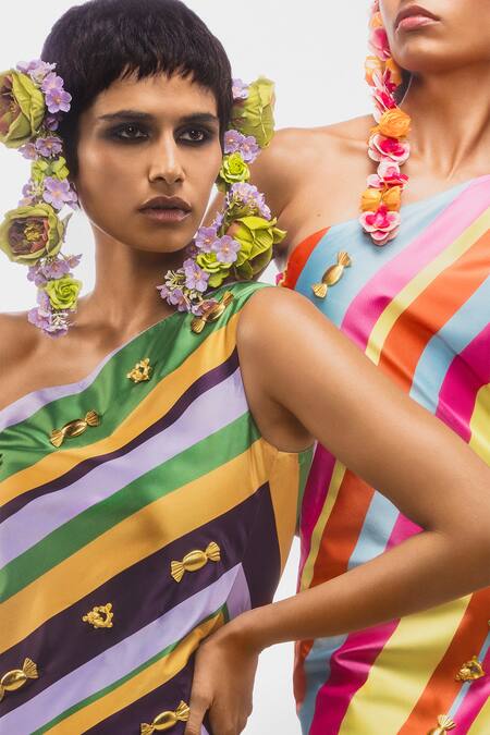 Buy_Masaba_Multi Color Satin, Taffeta Embroidery The Taffy Candy Stripe Pattern Dress _Online_at_Aza_Fashions