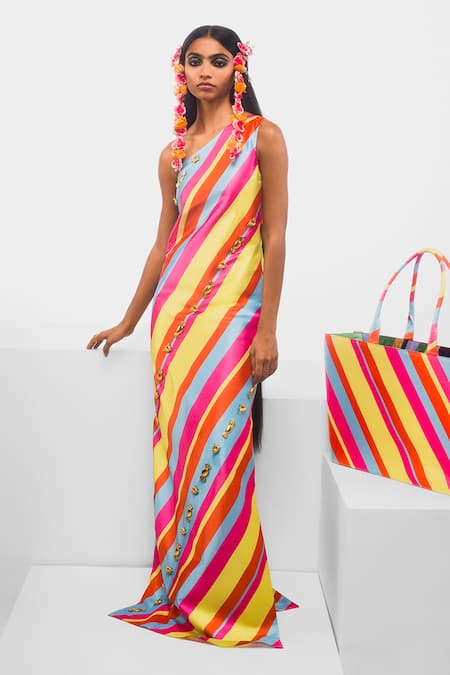 Masaba Multi Color Satin Taffeta Print Gold The Tutti Fruity Candy Stripe Pattern Dress