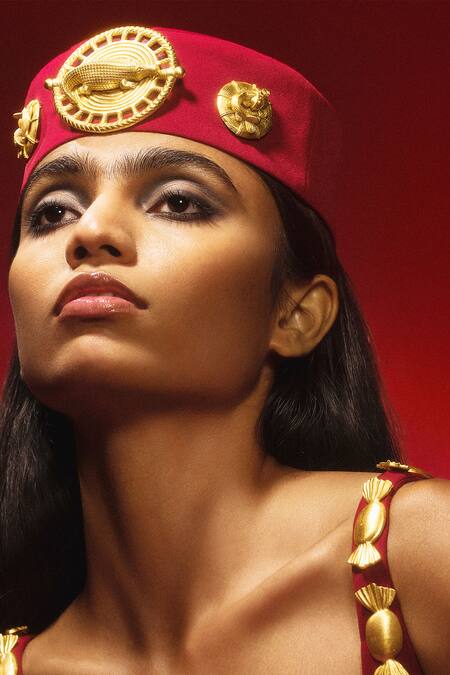 Shop Masaba Red Crepe Embroidery Scoop Neck The Sticky Toffee Corset With Draped Skirt Online at Aza Fashions Shop_Masaba_Red Crepe Embroidery Scoop Neck The Sticky Toffee Corset With Draped Skirt _Online_at_Aza_Fashions