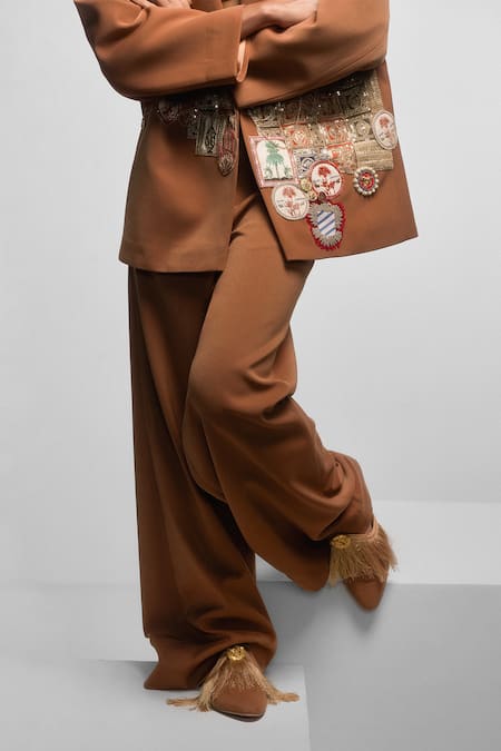 Masaba Brown Crepe Embroidery Scoop Neck Jaipur Badges Blazer And Trouser Set Online at Aza Fashions Masaba_Brown Crepe Embroidery Scoop Neck Jaipur Badges Blazer And Trouser Set _Online_at_Aza_Fashions