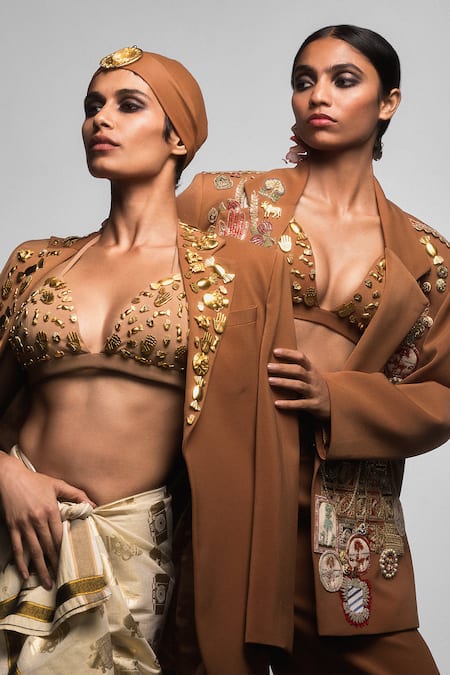 Buy Masaba Brown Crepe Embroidery Scoop Neck Jaipur Badges Blazer And Trouser Set Buy_Masaba_Brown Crepe Embroidery Scoop Neck Jaipur Badges Blazer And Trouser Set