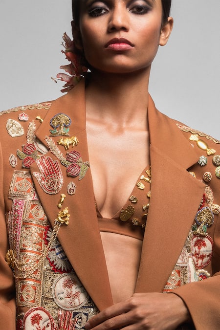 Masaba_Brown Crepe Embroidery, Beads Jaipur Badges Blazer _Online_at_Aza_Fashions