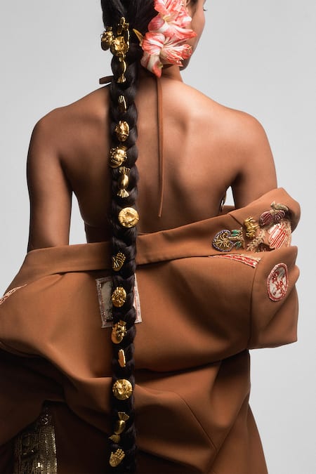 Shop Masaba Brown Crepe Embroidery, Beads Jaipur Badges Blazer With Trouser at Aza Fashions Shop_Masaba_Brown Crepe Embroidery, Beads Jaipur Badges Blazer With Trouser _at_Aza_Fashions