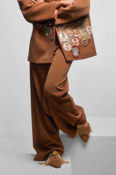 Masaba Brown Crepe Embroidery, Beads Jaipur Badges Blazer With Trouser Online at Aza Fashions Masaba_Brown Crepe Embroidery, Beads Jaipur Badges Blazer With Trouser _Online_at_Aza_Fashions