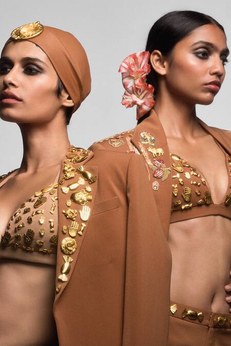 Shop_Masaba_Brown Crepe Embroidery Collared Jaipur Badges Blazer With Bralette _Online_at_Aza_Fashions