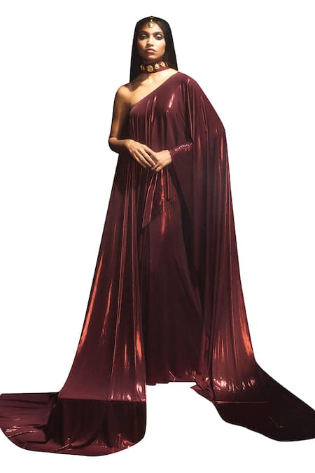 Masaba_Maroon Crepe Zari Asymmetric Molten Lava Top And Skirt Set _Online_at_Aza_Fashions