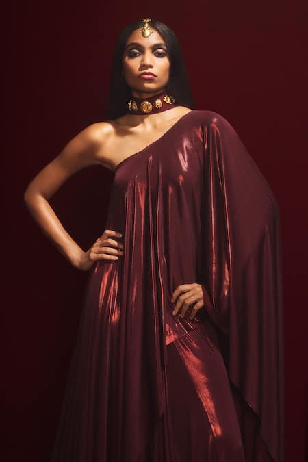 Buy_Masaba_Maroon Crepe Zari Asymmetric Molten Lava Top And Skirt Set _Online_at_Aza_Fashions