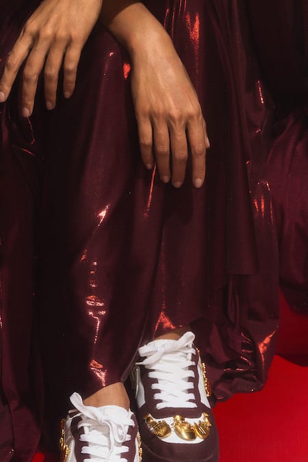 Shop_Masaba_Maroon Crepe Zari Asymmetric Molten Lava Top And Skirt Set _Online_at_Aza_Fashions