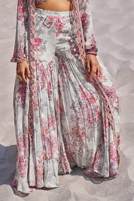 Ridhima Bhasin Gray Chiffon, Organza Embroidery Round Neck, Floral Print Jacket Sharara Set Online at Aza Fashions Ridhima Bhasin_Gray Chiffon, Organza Embroidery Round Neck, Floral Print Jacket Sharara Set _Online_at_Aza_Fashions