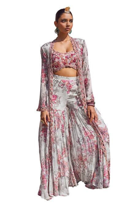 Buy Ridhima Bhasin Gray Chiffon, Organza Embroidery Round Neck, Floral Print Jacket Sharara Set Online at Aza Fashions Buy_Ridhima Bhasin_Gray Chiffon, Organza Embroidery Round Neck, Floral Print Jacket Sharara Set _Online_at_Aza_Fashions