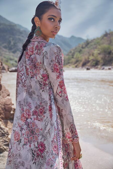 Ridhima Bhasin Gray Chiffon, Organza Embroidery Round Neck, Floral Print Jacket Sharara Set at Aza Fashions Ridhima Bhasin_Gray Chiffon, Organza Embroidery Round Neck, Floral Print Jacket Sharara Set _at_Aza_Fashions