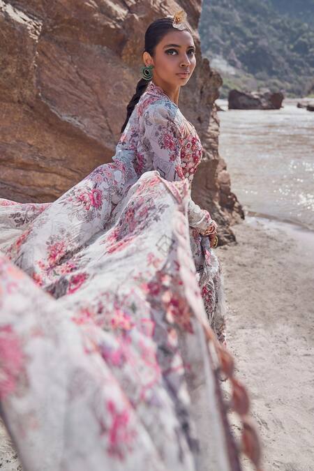 Buy Ridhima Bhasin Gray Chiffon, Organza Embroidery Round Neck, Floral Print Jacket Sharara Set Buy_Ridhima Bhasin_Gray Chiffon, Organza Embroidery Round Neck, Floral Print Jacket Sharara Set