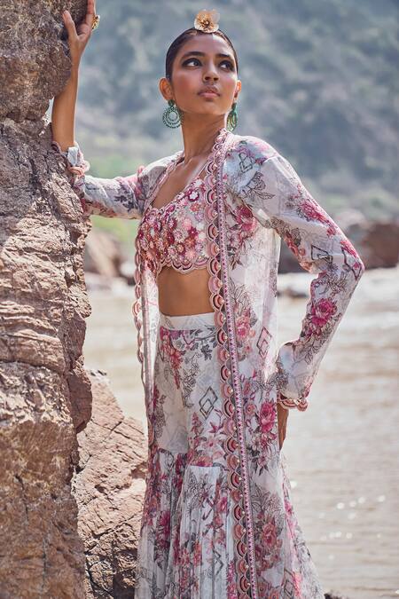 Shop Ridhima Bhasin Gray Chiffon, Organza Embroidery Round Neck, Floral Print Jacket Sharara Set Shop_Ridhima Bhasin_Gray Chiffon, Organza Embroidery Round Neck, Floral Print Jacket Sharara Set