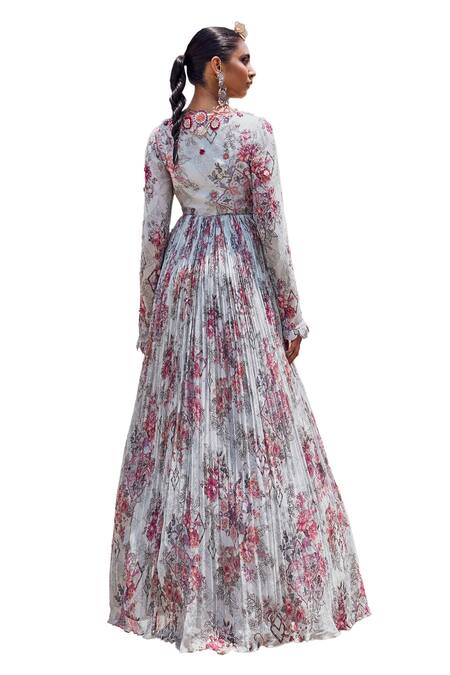 Buy Ridhima Bhasin Grey Organza, Chiffon Embroidery V-neck Nousha Printed Anarkali With Dupatta Online at Aza Fashions Buy_Ridhima Bhasin_Grey Organza, Chiffon Embroidery V-neck Nousha Printed Anarkali With Dupatta _Online_at_Aza_Fashions