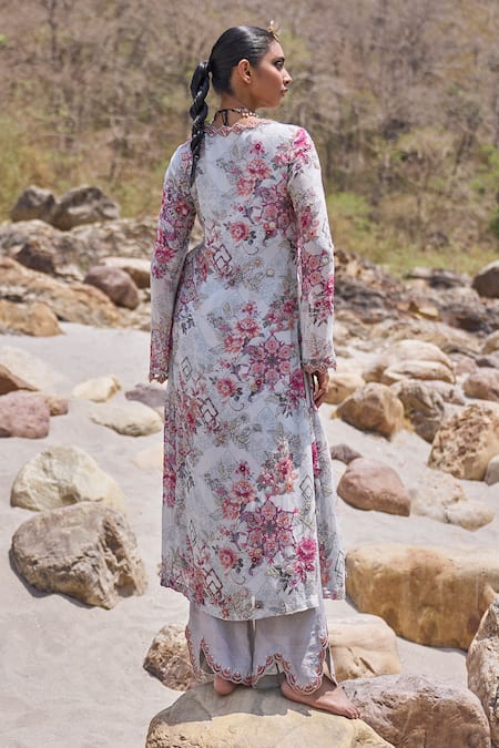 Shop Ridhima Bhasin Grey Organza, Chanderi, Georgette Embroidery Zora Floral Print Kurta And Pant Set at Aza Fashions Shop_Ridhima Bhasin_Grey Organza, Chanderi, Georgette Embroidery Zora Floral Print Kurta And Pant Set _at_Aza_Fashions