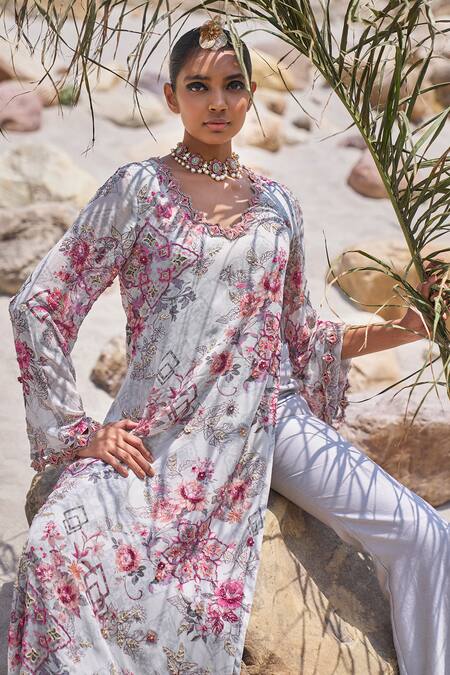 Ridhima Bhasin Grey Organza, Chanderi, Georgette Embroidery Zora Floral Print Kurta And Pant Set Online at Aza Fashions Ridhima Bhasin_Grey Organza, Chanderi, Georgette Embroidery Zora Floral Print Kurta And Pant Set _Online_at_Aza_Fashions