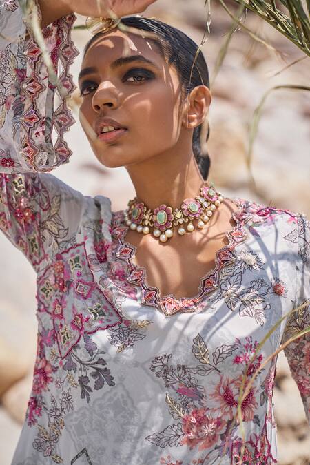 Buy Ridhima Bhasin Grey Organza, Chanderi, Georgette Embroidery Zora Floral Print Kurta And Pant Set Online at Aza Fashions Buy_Ridhima Bhasin_Grey Organza, Chanderi, Georgette Embroidery Zora Floral Print Kurta And Pant Set _Online_at_Aza_Fashions