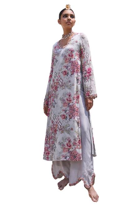 Shop Ridhima Bhasin Grey Organza, Chanderi, Georgette Embroidery Zora Floral Print Kurta And Pant Set Online at Aza Fashions Shop_Ridhima Bhasin_Grey Organza, Chanderi, Georgette Embroidery Zora Floral Print Kurta And Pant Set _Online_at_Aza_Fashions