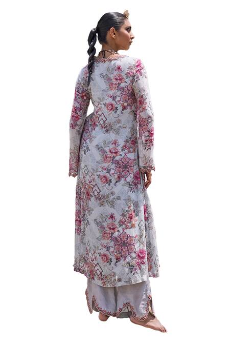 Ridhima Bhasin Grey Organza, Chanderi, Georgette Embroidery Zora Floral Print Kurta And Pant Set at Aza Fashions Ridhima Bhasin_Grey Organza, Chanderi, Georgette Embroidery Zora Floral Print Kurta And Pant Set _at_Aza_Fashions