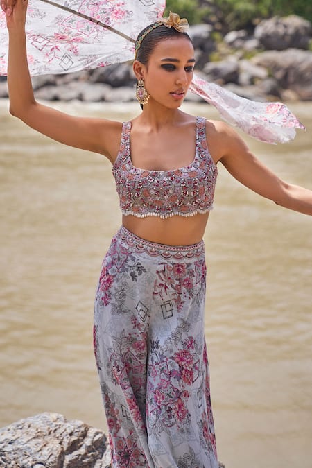Ridhima Bhasin_Gray Organza, Georgette Pearls, Embroidery Scoop Floral Print Cape And Palazzo Set _Online_at_Aza_Fashions