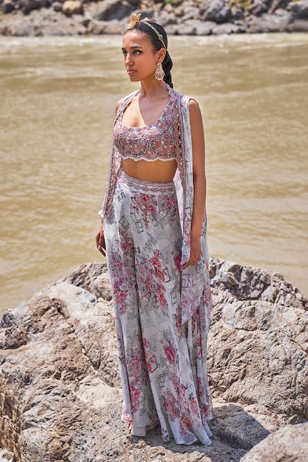 Buy_Ridhima Bhasin_Gray Organza, Georgette Pearls, Embroidery Scoop Floral Print Cape And Palazzo Set _Online_at_Aza_Fashions