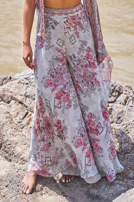Shop_Ridhima Bhasin_Gray Organza, Georgette Pearls, Embroidery Scoop Floral Print Cape And Palazzo Set _Online_at_Aza_Fashions