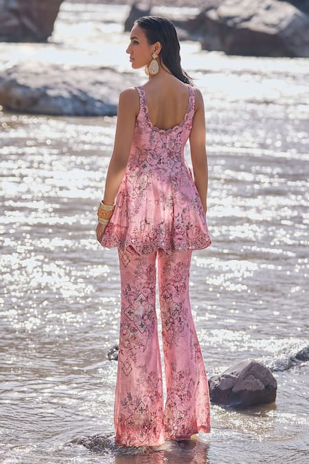 Shop Ridhima Bhasin Pink Organza, Chanderi Embroidery Scoop Neck Floral Embellished Peplum Kurta Set at Aza Fashions Shop_Ridhima Bhasin_Pink Organza, Chanderi Embroidery Scoop Neck Floral Embellished Peplum Kurta Set _at_Aza_Fashions