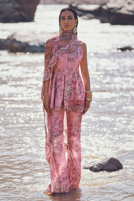 Buy Ridhima Bhasin Pink Organza, Chanderi Embroidery Scoop Neck Floral Embellished Peplum Kurta Set Online at Aza Fashions Buy_Ridhima Bhasin_Pink Organza, Chanderi Embroidery Scoop Neck Floral Embellished Peplum Kurta Set _Online_at_Aza_Fashions