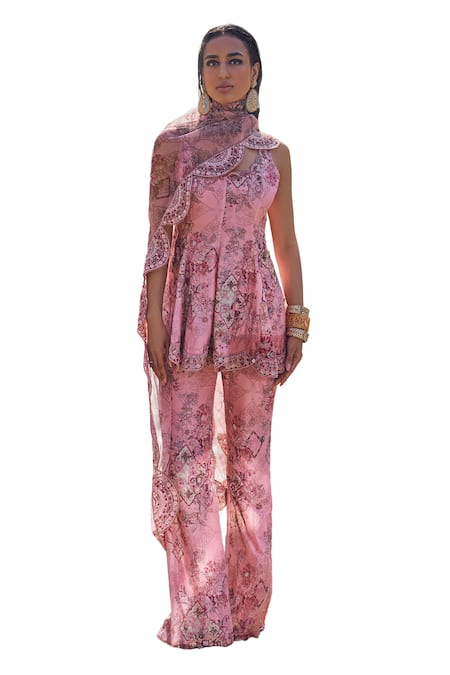 Shop Ridhima Bhasin Pink Organza, Chanderi Embroidery Scoop Neck Floral Embellished Peplum Kurta Set Online at Aza Fashions Shop_Ridhima Bhasin_Pink Organza, Chanderi Embroidery Scoop Neck Floral Embellished Peplum Kurta Set _Online_at_Aza_Fashions