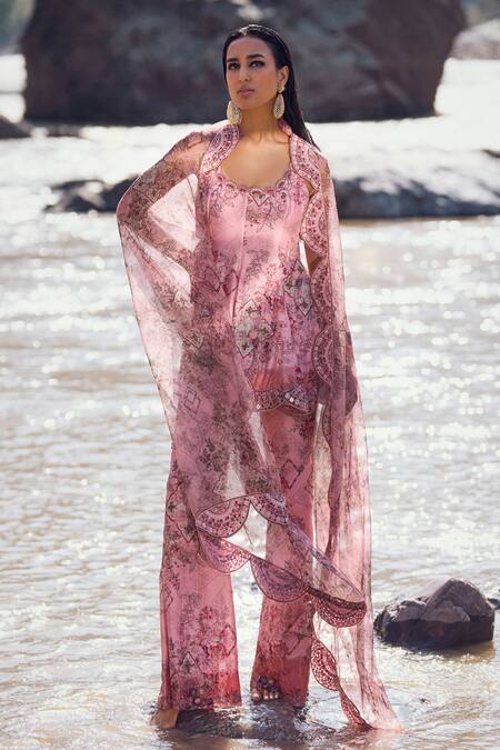 Buy Ridhima Bhasin Pink Organza, Chanderi Embroidery Scoop Neck Floral Embellished Peplum Kurta Set Buy_Ridhima Bhasin_Pink Organza, Chanderi Embroidery Scoop Neck Floral Embellished Peplum Kurta Set